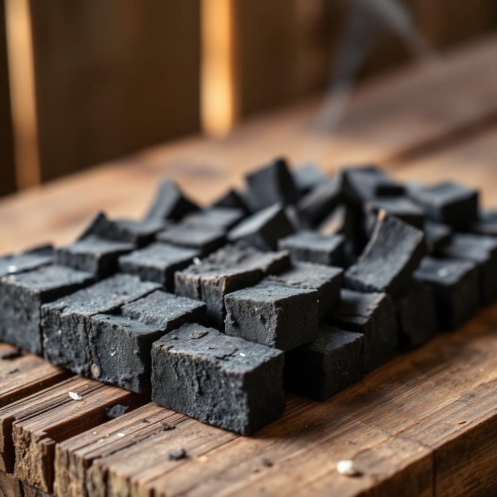 Coconut shell briquettes arranged